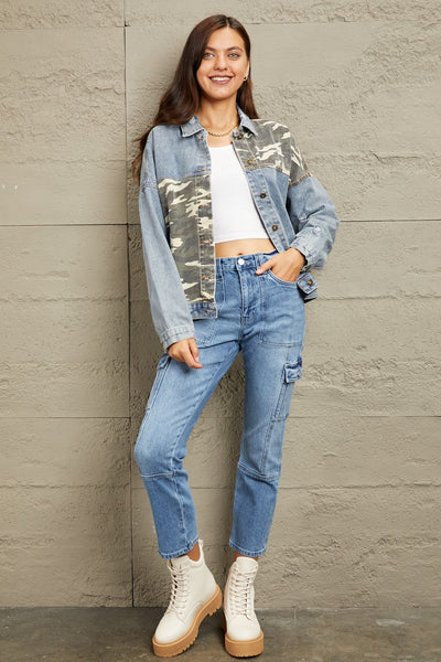 FASHIONISTAS FAVORITE GeeGee "Fashion High" Distressed Camo Contrast Blue Washed Denim Jean Jacket