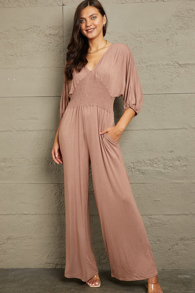 FASHION INFLUENCERS FAVORITE Culture Code "Above It All" Mocha Smocked Waist Jumpsuit