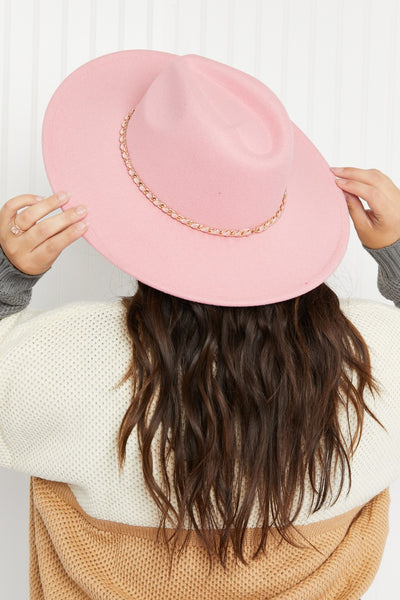 Fame Solid Pink Chain Ribbon Detail Wide Brim Hat