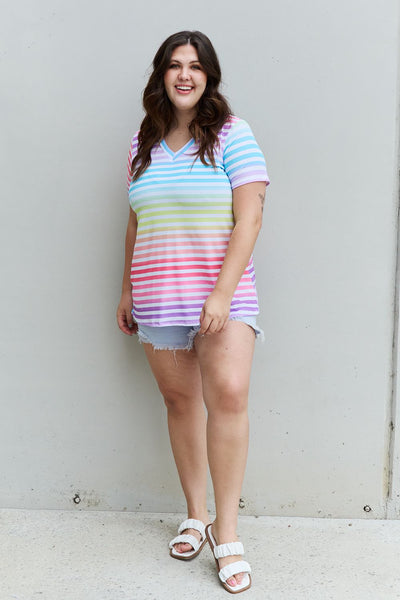 CELEBRATE PRIDE MONTH! Heimish "Out & Proud" Multicolored Rainbow Striped Short Sleeve Top