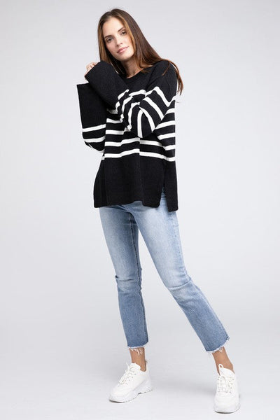 FASHION INFLUENCERS FAVORITE Bibi "First Place" Striped Ribbed Hem Oversized Relaxed Fit Top