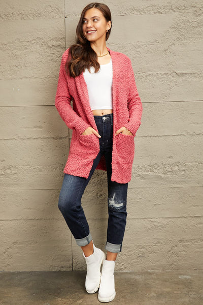 TOP RATED! Zenana "Falling For You" Strawberry Pink Open Front Longline Cardigan