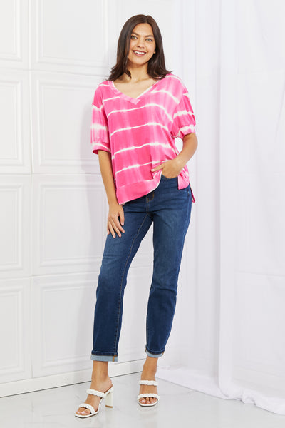 5 STAR STYLE! Yelete "Joy" Hot Pink Striped Tie Dye Short Sleeve Top