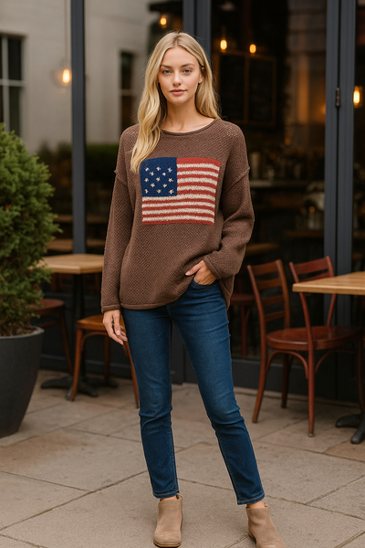 Zenana Crew Neck Flag Sweater