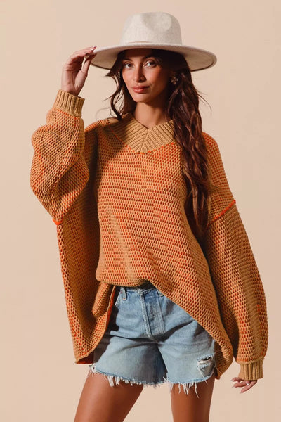 SO ME Oversized Two-Tone Textured V-Neck Sweater