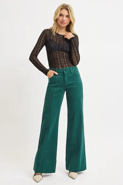 RISEN Tummy Control Mid Rise Wide Leg Green Denim Jeans