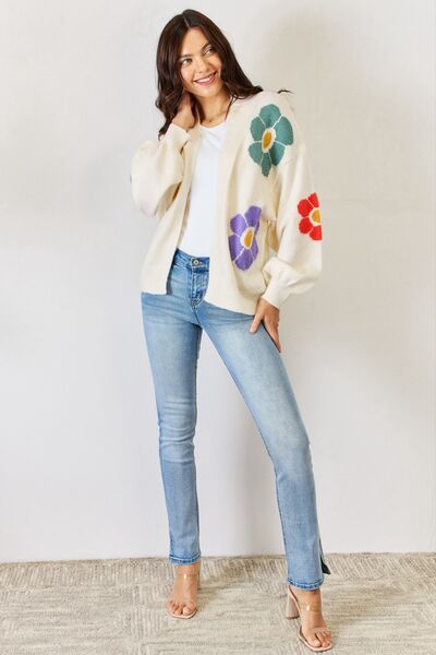 5 STAR FABULOUS J.NNA "Floriography" Open Front Floral Long Puffy Sleeve Knit Cardigan