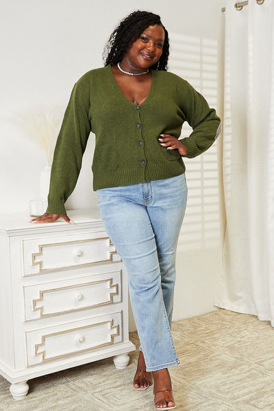 TOP SELLER! Heimish "Candace" Green Classic Button Down Contrast Elbow Soft Knit Cardigan