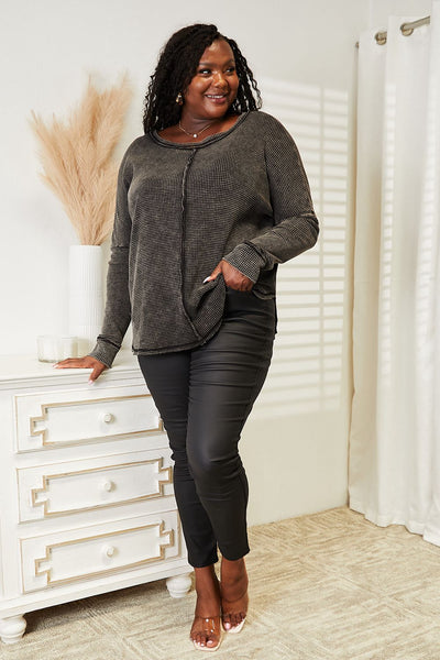 TOP RATED! 5 STAR COMFORT Zenana "Zone Out" Black Mineral Washed Exposed Seam Relaxed Waffle Knit Top