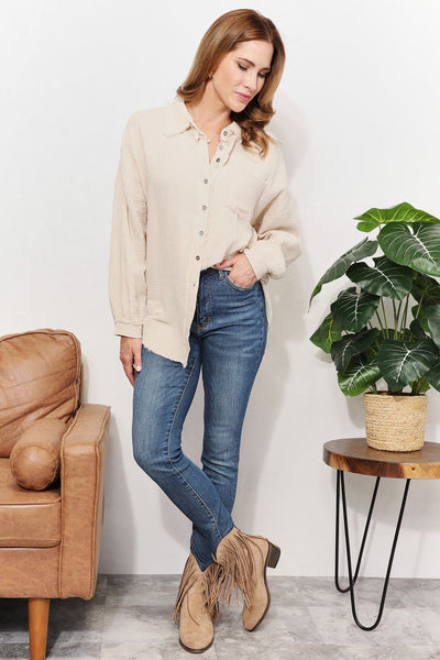 TOP SELLER! Zenana "Take A Break" Ivory Gauze Raw Edge Button Down Shirt