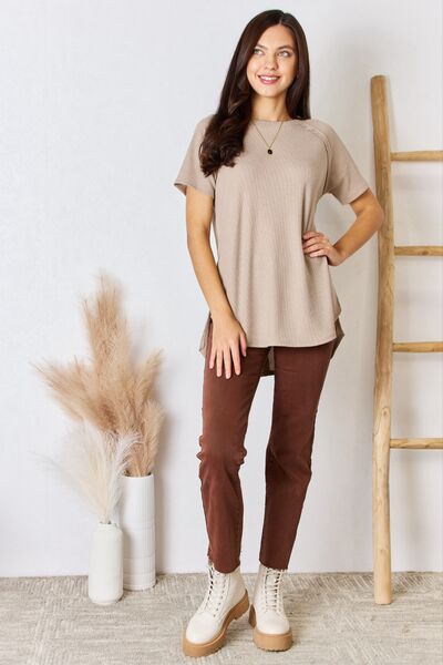 5 STAR STYLE Zenana "Get Over It" Mocha High Low Seam Detailed Waffle Knit Top
