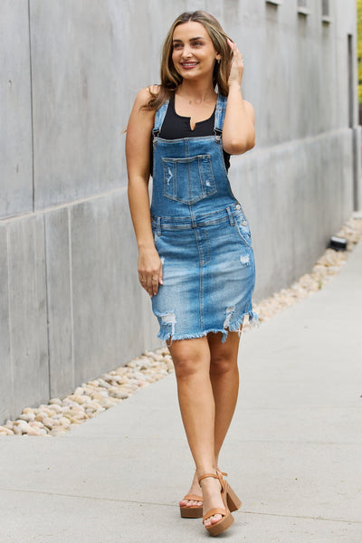 TOP SELLER RISEN "Olivia" Distressed Blue Denim Overall Mini Dress