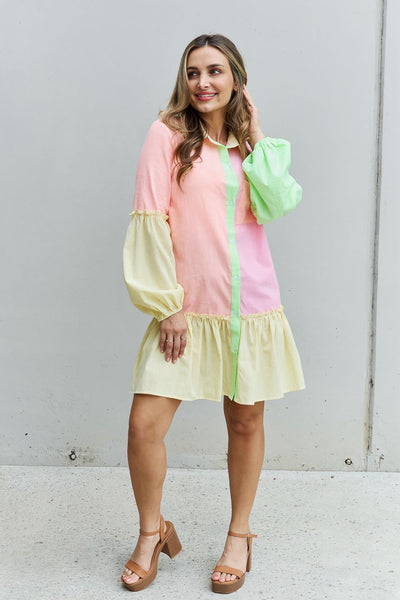 FASHIONISTAS FAVORITE Davi & Dani "Flying Colors" Davi & Dani Multicolor Colorblock Button Down Frilly Tiered Hem Dress