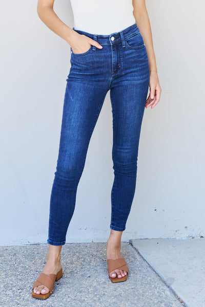 TOP SELLER Judy Blue "Marie" Mid Rise Crinkle Detailed Blue Denim Skinny Jeans