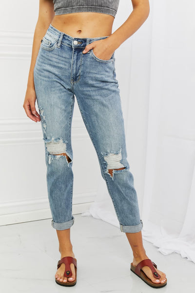 Judy Blue Shandra Destroyed Mid Rise Cuffed Blue Denim Boyfriend Jeans