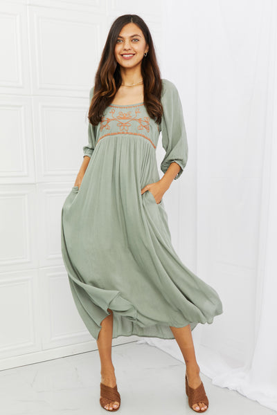 HEYSON Sage Green Art Deco Long Balloon Sleeve Midi Dress