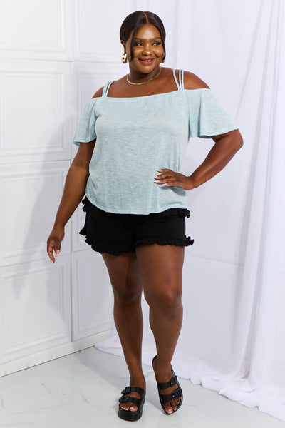 FASHIONISTAS FAVORITE Culture Code "On The Move" Ice Blue Strappy Off The Shoulder Flutter Sleeve Top