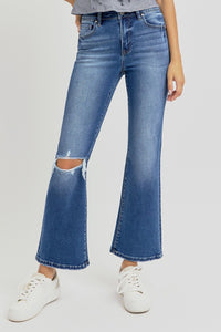 RISEN High Rise Distressed Crop Flared Leg Blue Denim Jeans