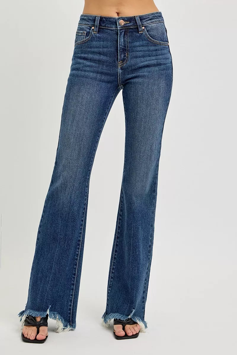 RISEN Mid Rise Chewed Frayed Hem Flared Leg Jeans