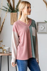 Heimish Color Block Exposed Seam Ribbed Knit Top