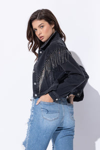 Sweet Generis Washed Rhinestone Fringe Cropped Denim Jacket