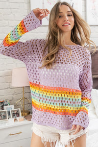 BiBi Rainbow Striped Hollow Out Cover Up Style Top