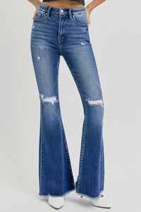 RISEN High Rise Distressed Raw Hem Flared Leg Blue Denim Jeans