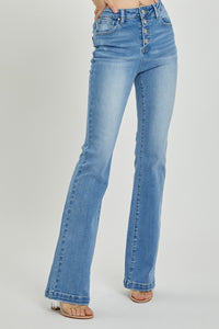 RISEN High Rise Button Fly Blue Wash Denim Bootcut Jeans