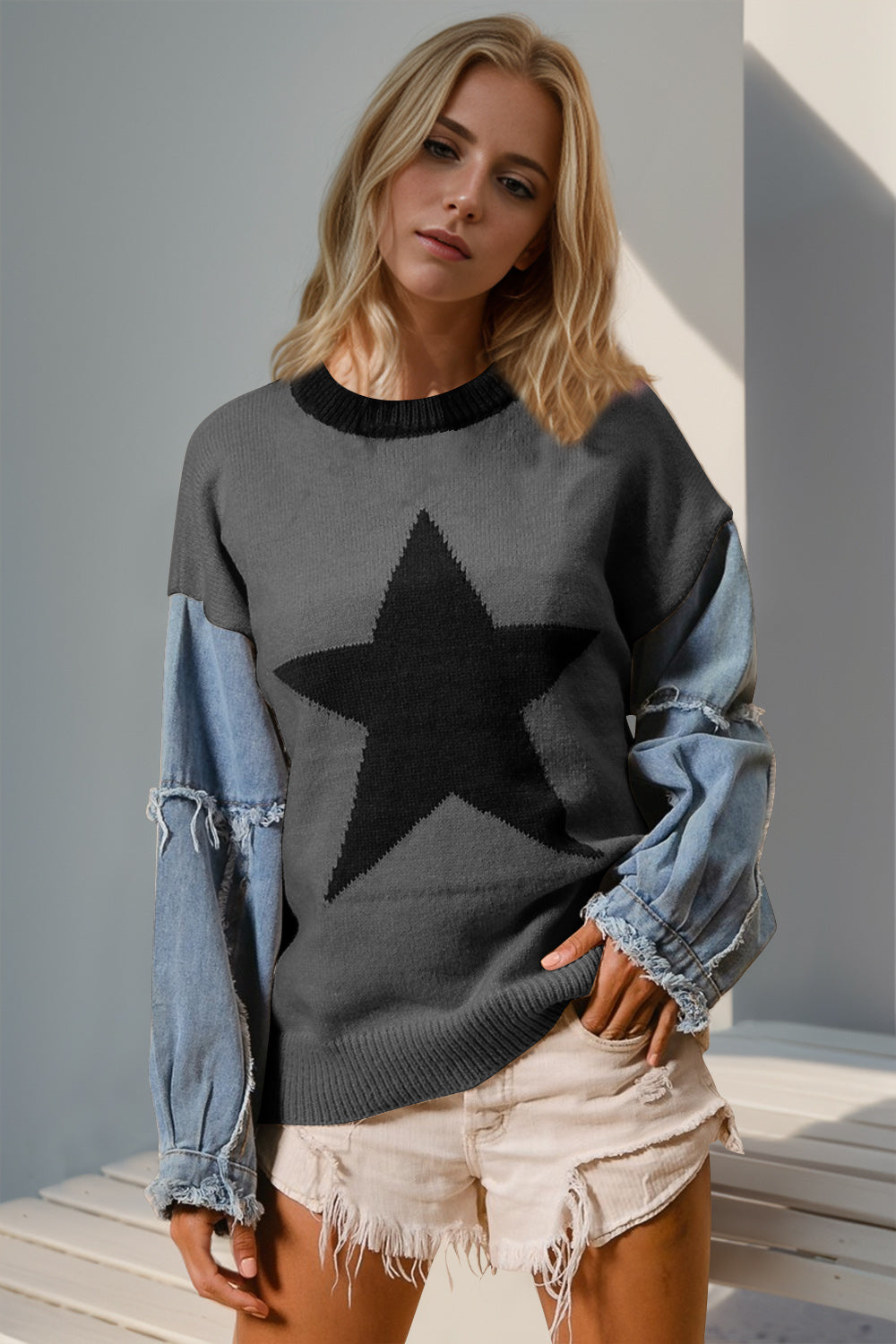 Double Take Star Knit Denim Contrast Top