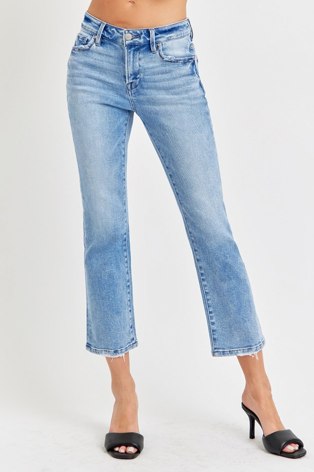 RISEN Low Rise Crop Blue Wash Denim Straight Leg Jeans