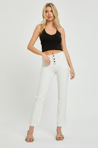 RISEN Mid Rise Tummy Control White Denim Straight Leg Jeans