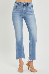 RISEN Raw Frayed Hem Cropped Straight Leg Blue Denim Jeans