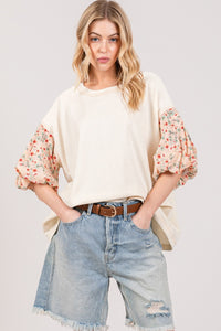 SAGE + FIG Solid Floral Contrast Bubble Sleeve Oversized Top