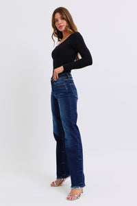 Judy Blue Raw Hem Dark Blue Denim Straight Leg Jeans