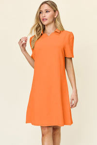 Double Take Solid Color Textured Collared Short Sleeve Dress