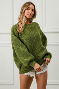 BiBi Green Diamond Textured Cable Knit Sweater