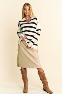 Davi & Dani Striped Notched Johnny Collar Sweater