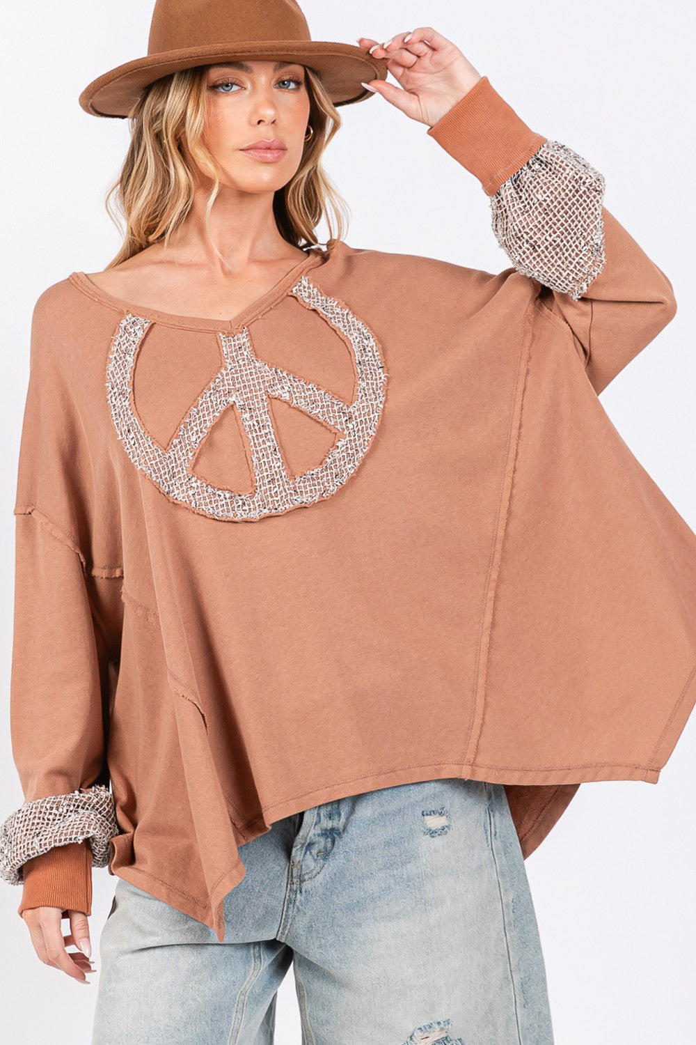 SAGE + FIG Peace Sign Mineral Wash Terry Knit Top