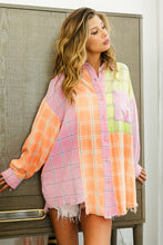 Load image into Gallery viewer, BiBi Plaid Color Block Raw Hem Button Down Shirt
