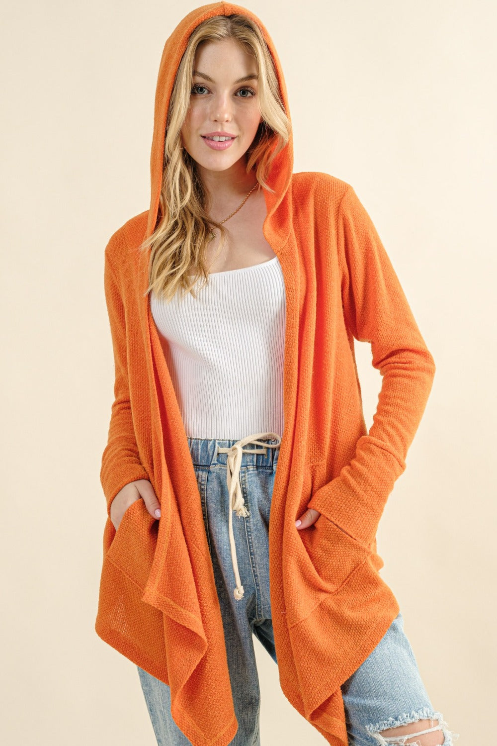 And The Why Dusty Coral Thermal Hooded Open Front Cardigan