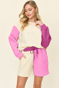 Double Take Color Block Contrast Drop Shoulder Loungewear Set