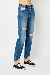 Judy Blue Distressed Chewed Raw Hem Slim Blue Denim Jeans