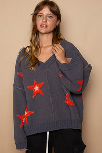 POL Out Seam Color Block Star Patch Sweater