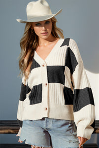 Double Take Checkered Dropped Shoulder Knit Cardigan