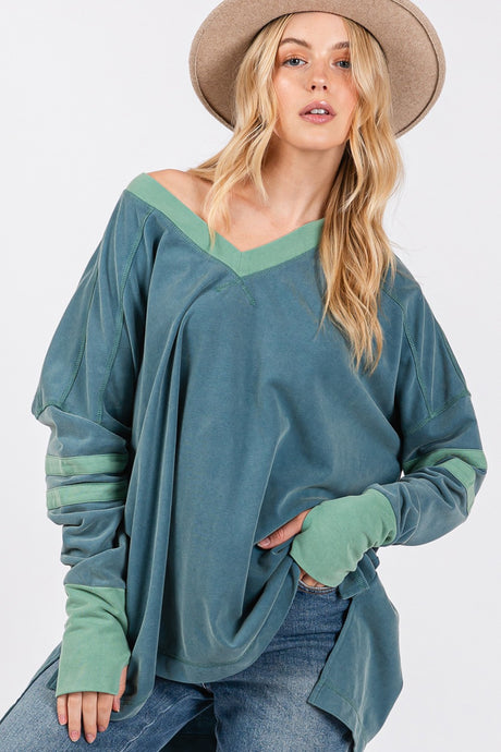 SAGE + FIG Mineral Wash Striped Contrast Top