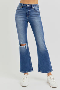 RISEN High Rise Distressed Crop Flared Leg Blue Denim Jeans