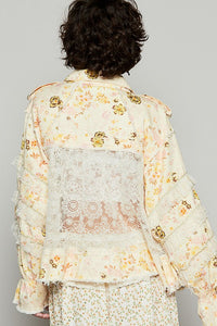 POL Yellow Raw Hem Lace Patch Flounce Sleeve Jacket