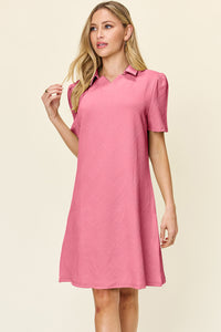 Double Take Solid Color Textured Collared Short Sleeve Dress