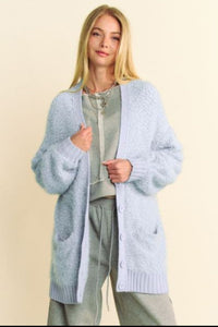 Davi & Dani Blue Ribbed Hem Button Down Longline Cardigan