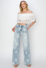 Load image into Gallery viewer, RISEN Star Pattern Raw Hem Wide Leg Blue Denim Jeans
